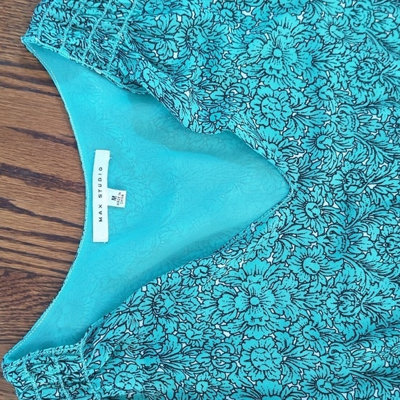 MAX STUDIO Teal/Cream Floral Border Print V NECK MAXI Dress  Sz M - Picture 3 of 10